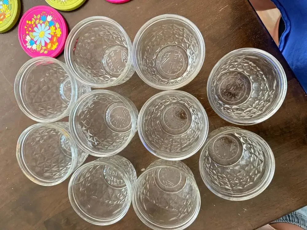 Set of 10 Vintage Ball Quilted Crystal Glass Jelly Jars with Floral Metal Lids